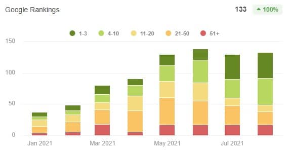 SEO Case Study Rankings Screenshot showing rapid growth in page 1 rankings over 8 months