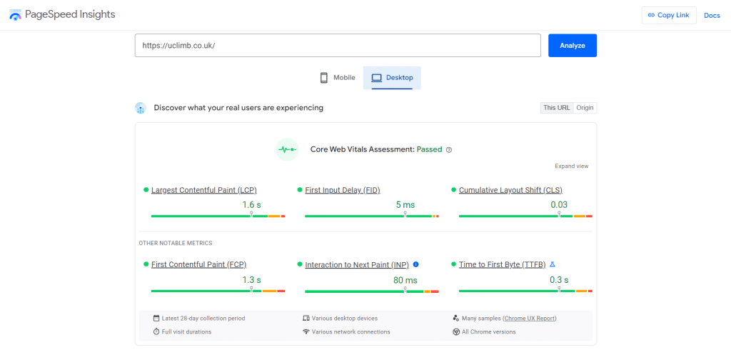 PageSpeed insights of uclimb website