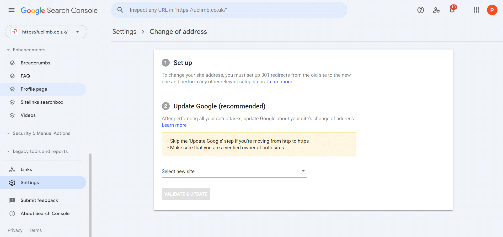 Screenshot showing how the Google Search Console change of address tool works