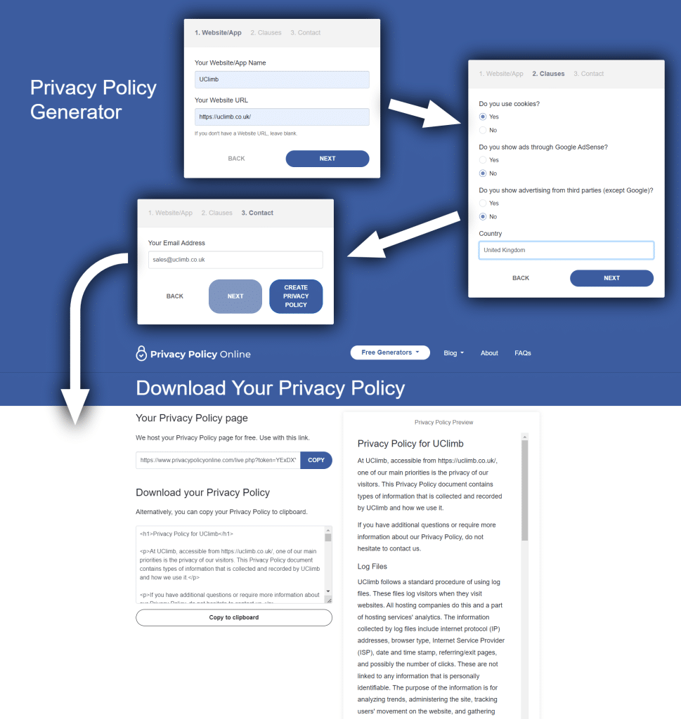 Privacy policy generator screenshot