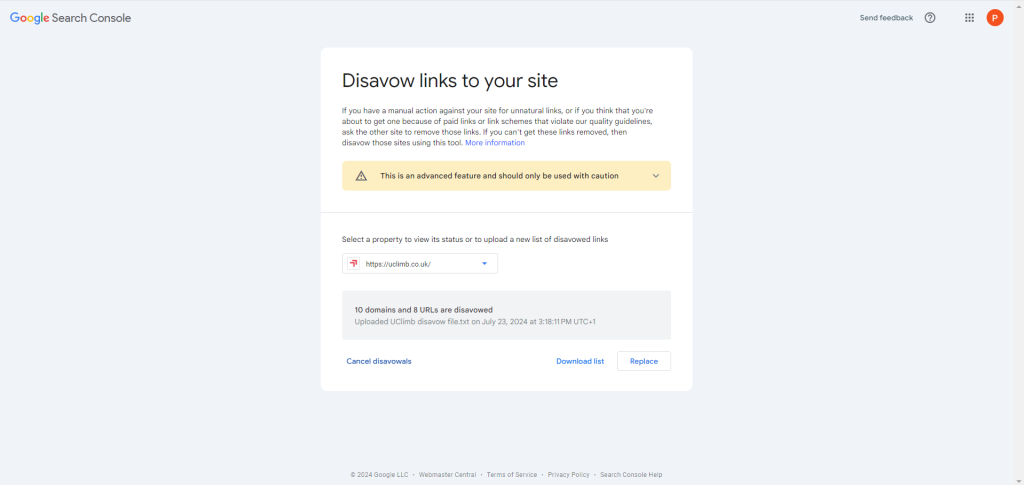 This screenshot of Google Search Console showcases the disavow links tool for our URL prefix propert