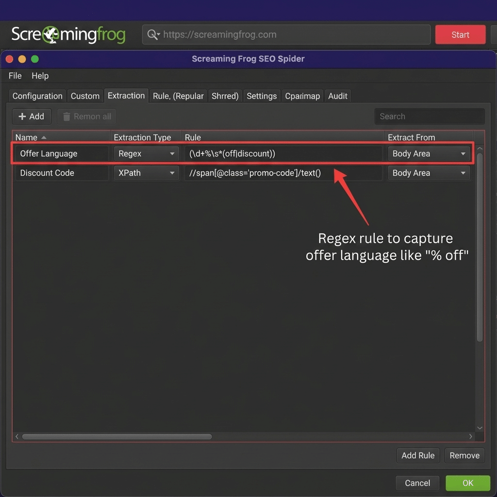 Screaming Frog custom extraction configured to find promotional offer language on a website