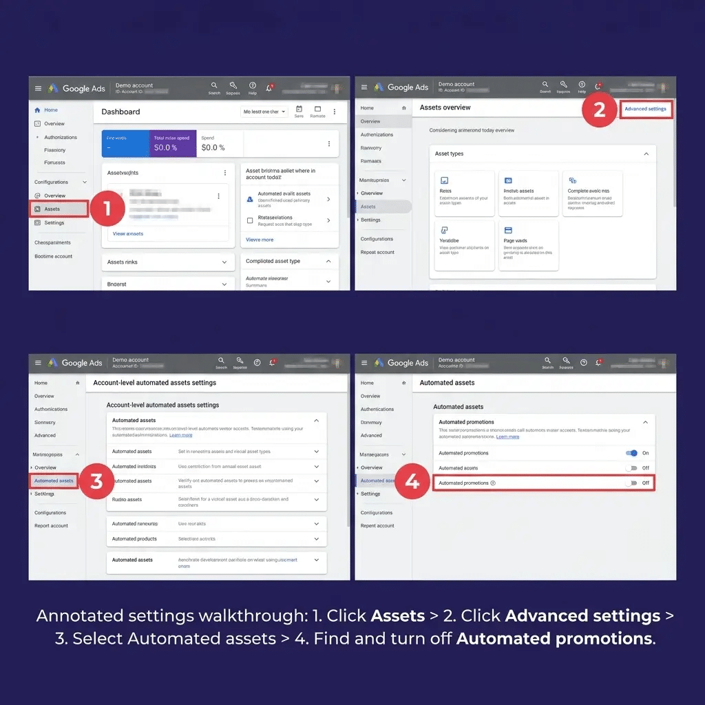 Numbered walkthrough showing how to reach account level automated assets advanced settings in Google Ads