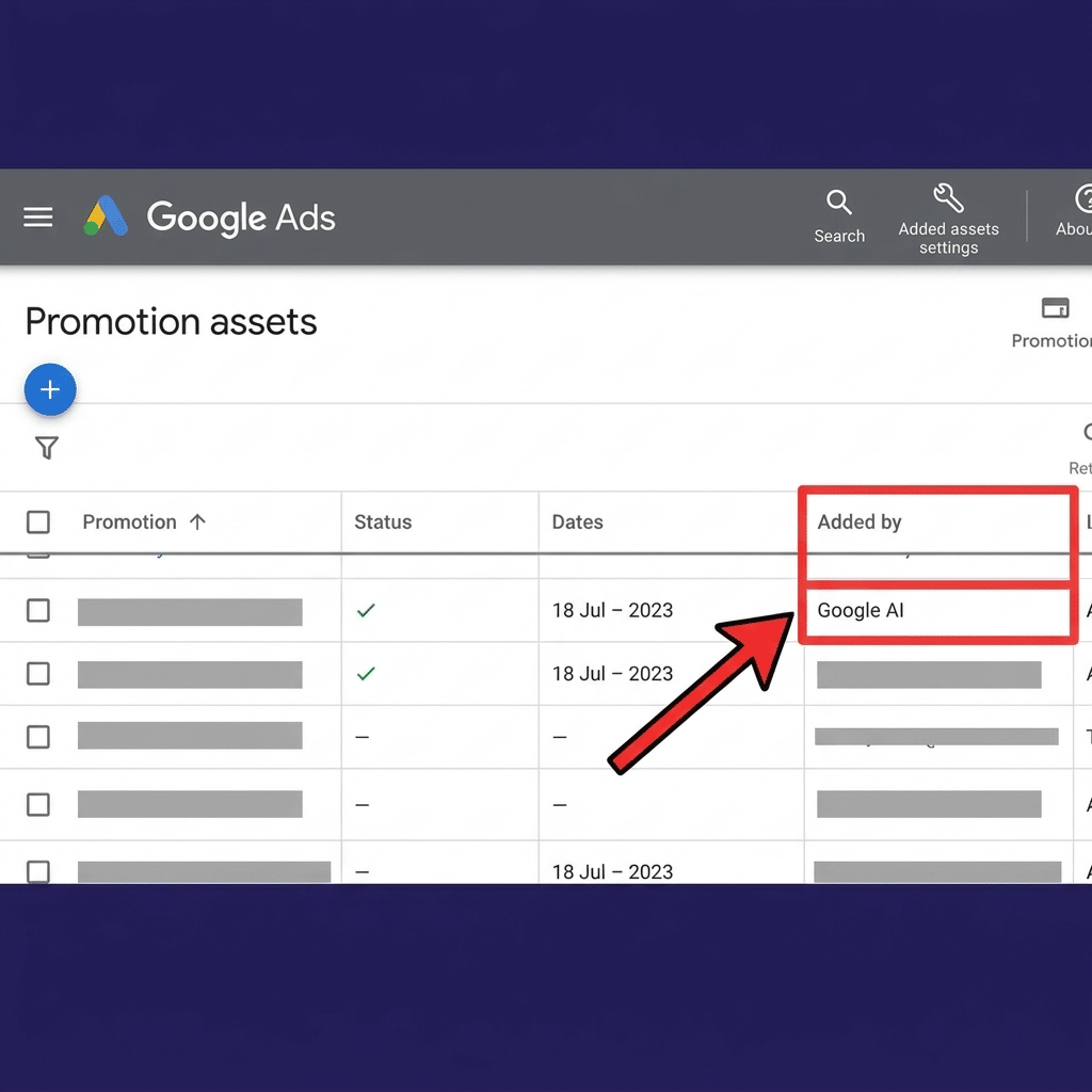 Google Ads promotion assets table showing the Added by column labelled Google AI