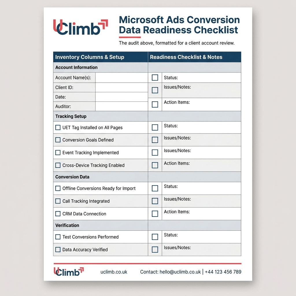 UClimb conversion data readiness checklist for Microsoft Ads accounts before the Max CPC removal